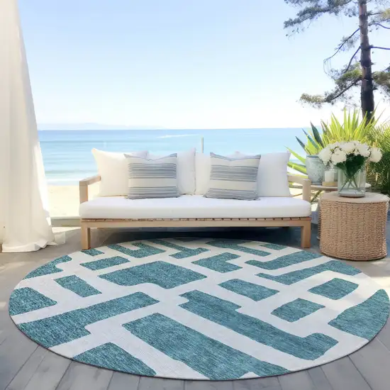 8' Teal Blue And Ivory Round Abstract Washable Indoor Outdoor Area Rug Photo 6
