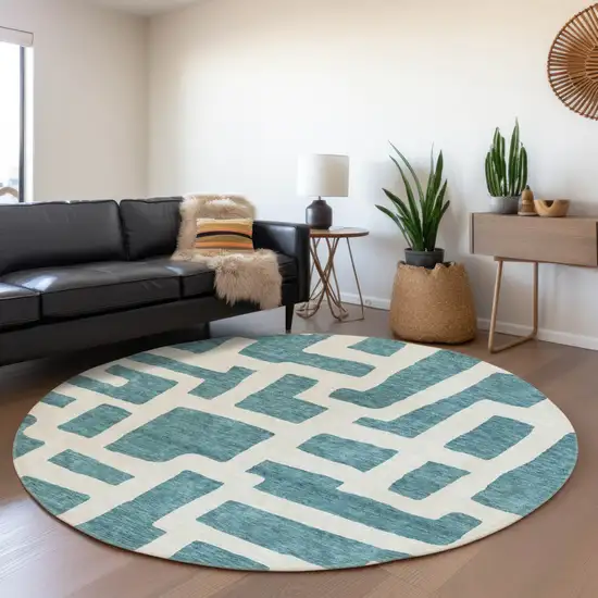 8' Teal Blue And Ivory Round Abstract Washable Indoor Outdoor Area Rug Photo 7