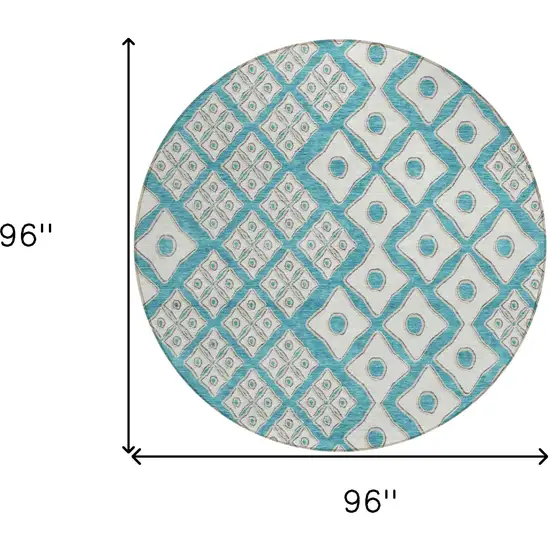 8' Teal Blue And Ivory Round Geometric Washable Indoor Outdoor Area Rug Photo 3