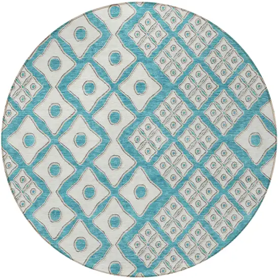8' Teal Blue And Ivory Round Geometric Washable Indoor Outdoor Area Rug Photo 6