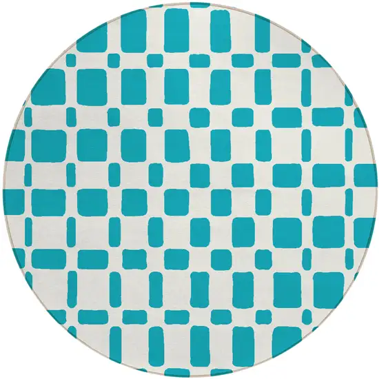 8' Teal Blue And Ivory Round Geometric Washable Indoor Outdoor Area Rug Photo 2
