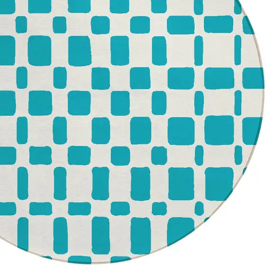 8' Teal Blue And Ivory Round Geometric Washable Indoor Outdoor Area Rug Photo 4