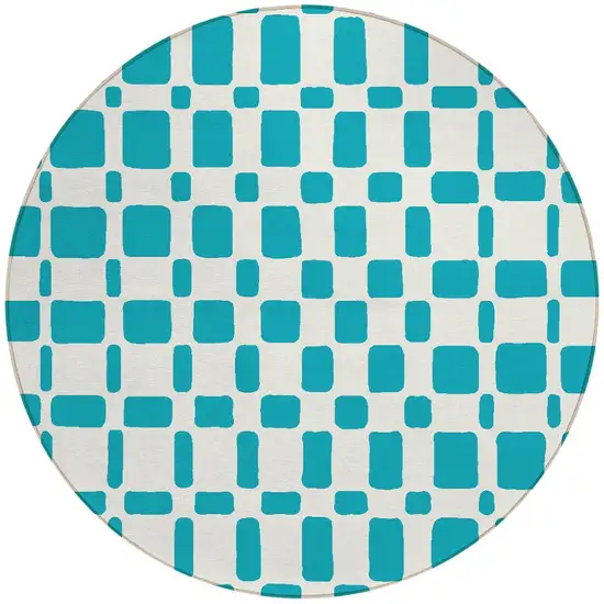 8' Teal Blue And Ivory Round Geometric Washable Indoor Outdoor Area Rug Photo 5