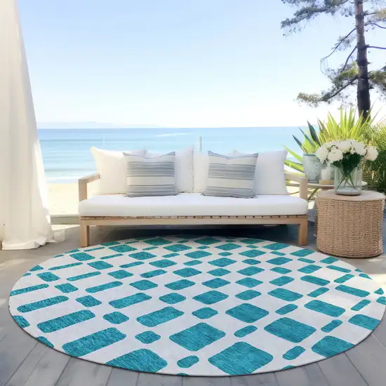 8' Teal Blue And Ivory Round Geometric Washable Indoor Outdoor Area Rug Photo 6