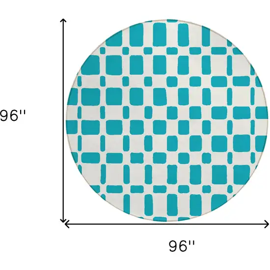8' Teal Blue And Ivory Round Geometric Washable Indoor Outdoor Area Rug Photo 3