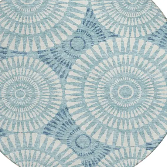 8' Teal Blue And Ivory Round Geometric Washable Indoor Outdoor Area Rug Photo 5