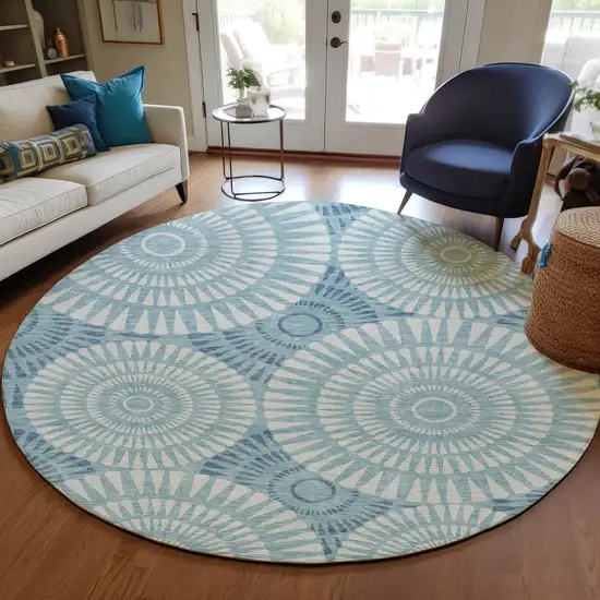 8' Teal Blue And Ivory Round Geometric Washable Indoor Outdoor Area Rug Photo 8
