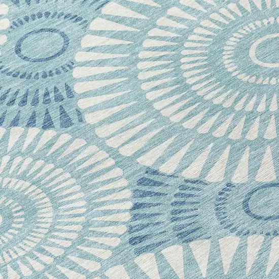 8' Teal Blue And Ivory Round Geometric Washable Indoor Outdoor Area Rug Photo 4