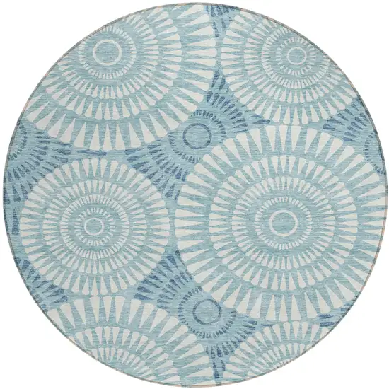 8' Teal Blue And Ivory Round Geometric Washable Indoor Outdoor Area Rug Photo 2