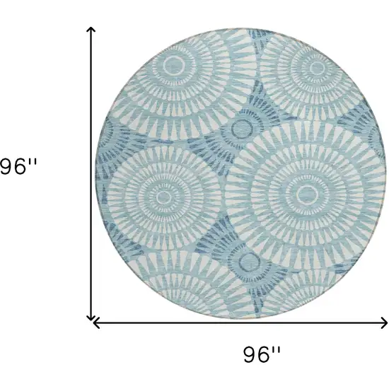 8' Teal Blue And Ivory Round Geometric Washable Indoor Outdoor Area Rug Photo 3