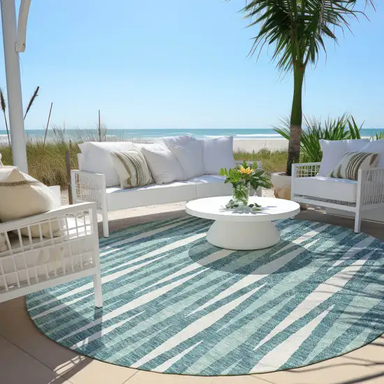 8' Teal Blue And Ivory Round Geometric Washable Indoor Outdoor Area Rug Photo 6
