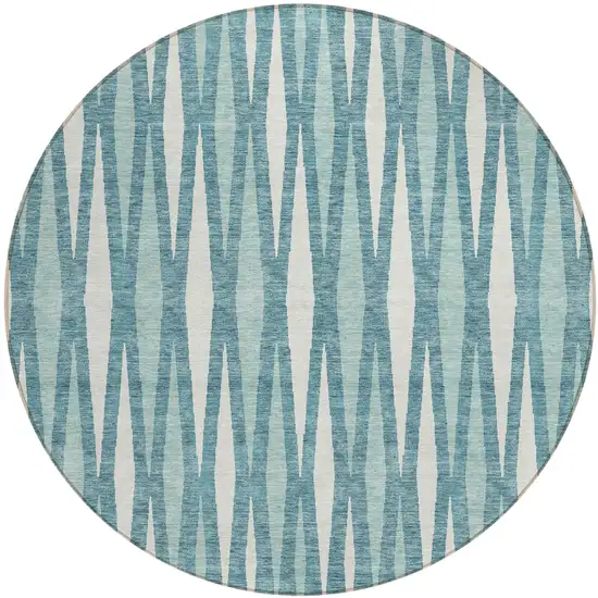 8' Teal Blue And Ivory Round Geometric Washable Indoor Outdoor Area Rug Photo 2