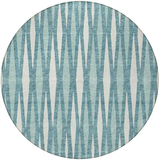 8' Teal Blue And Ivory Round Geometric Washable Indoor Outdoor Area Rug Photo 5