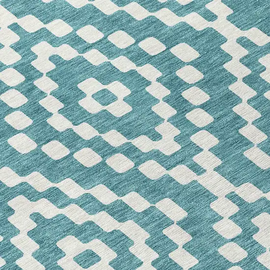 8' Teal Blue And Ivory Round Geometric Washable Indoor Outdoor Area Rug Photo 8