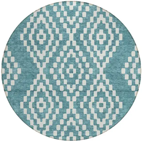 8' Teal Blue And Ivory Round Geometric Washable Indoor Outdoor Area Rug Photo 5