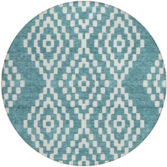 8' Teal Blue And Ivory Round Geometric Washable Indoor Outdoor Area Rug Photo 2