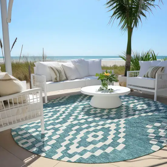 8' Teal Blue And Ivory Round Geometric Washable Indoor Outdoor Area Rug Photo 6
