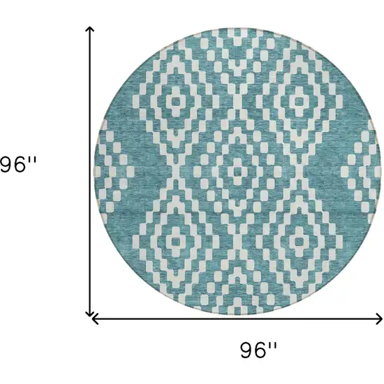 8' Teal Blue And Ivory Round Geometric Washable Indoor Outdoor Area Rug Photo 3