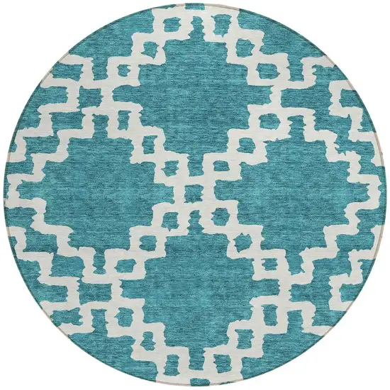 8' Teal Blue And Ivory Round Geometric Washable Indoor Outdoor Area Rug Photo 5