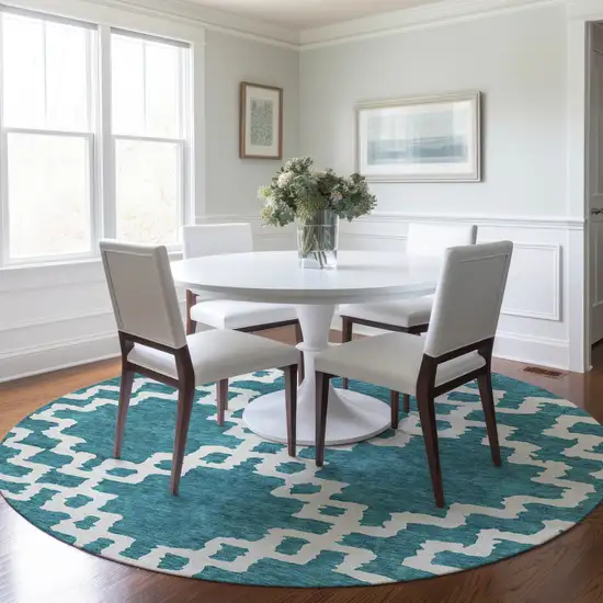 8' Teal Blue And Ivory Round Geometric Washable Indoor Outdoor Area Rug Photo 7