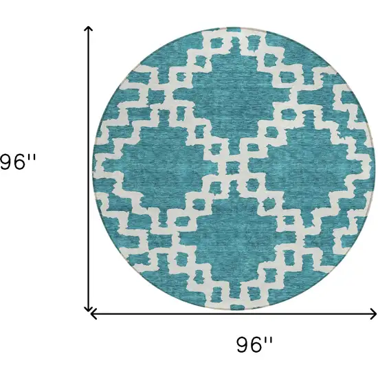 8' Teal Blue And Ivory Round Geometric Washable Indoor Outdoor Area Rug Photo 3