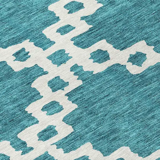 8' Teal Blue And Ivory Round Geometric Washable Indoor Outdoor Area Rug Photo 8