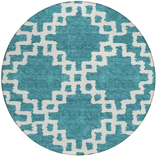 8' Teal Blue And Ivory Round Geometric Washable Indoor Outdoor Area Rug Photo 2