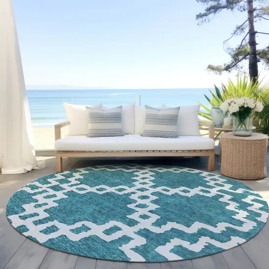 8' Teal Blue And Ivory Round Geometric Washable Indoor Outdoor Area Rug Photo 6