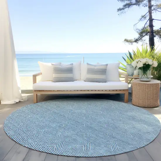 8' Teal Blue And Ivory Round Geometric Washable Indoor Outdoor Area Rug Photo 6