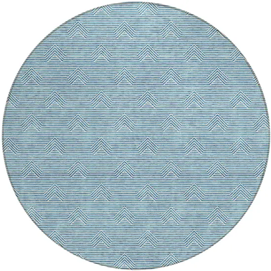 8' Teal Blue And Ivory Round Geometric Washable Indoor Outdoor Area Rug Photo 2