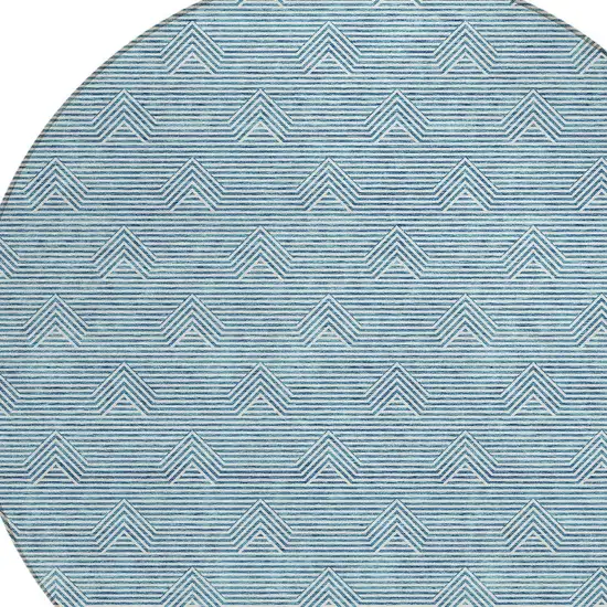 8' Teal Blue And Ivory Round Geometric Washable Indoor Outdoor Area Rug Photo 4