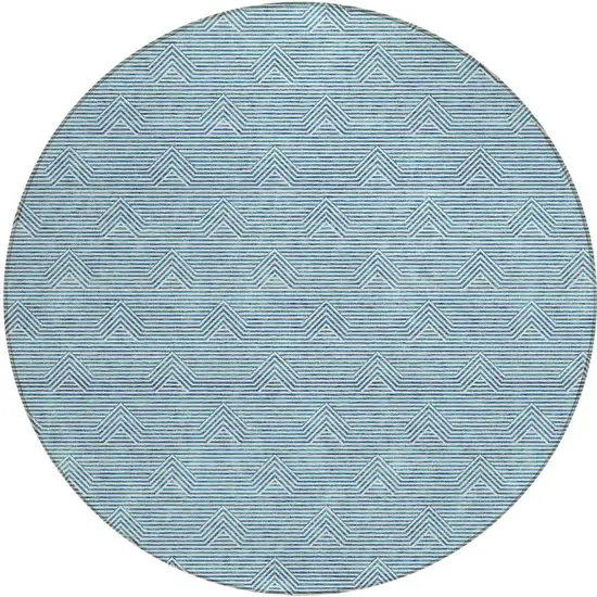 8' Teal Blue And Ivory Round Geometric Washable Indoor Outdoor Area Rug Photo 5