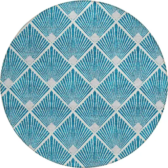 8' Teal Blue And Ivory Round Geometric Washable Indoor Outdoor Area Rug Photo 5