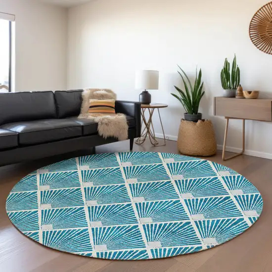 8' Teal Blue And Ivory Round Geometric Washable Indoor Outdoor Area Rug Photo 8