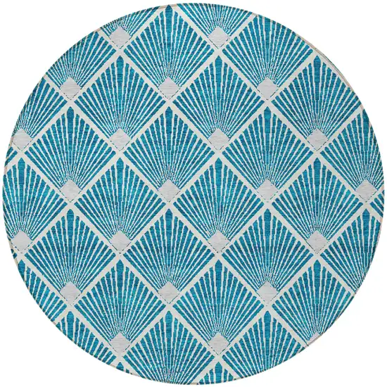 8' Teal Blue And Ivory Round Geometric Washable Indoor Outdoor Area Rug Photo 6