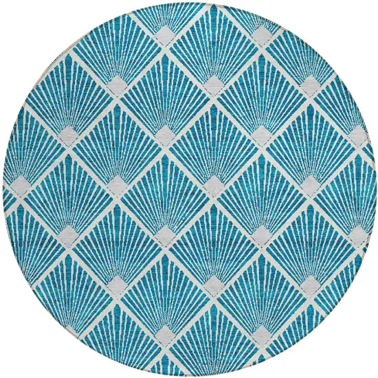 8' Teal Blue And Ivory Round Geometric Washable Indoor Outdoor Area Rug Photo 2