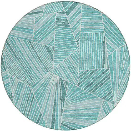 8' Teal Blue And Ivory Round Geometric Washable Indoor Outdoor Area Rug Photo 2