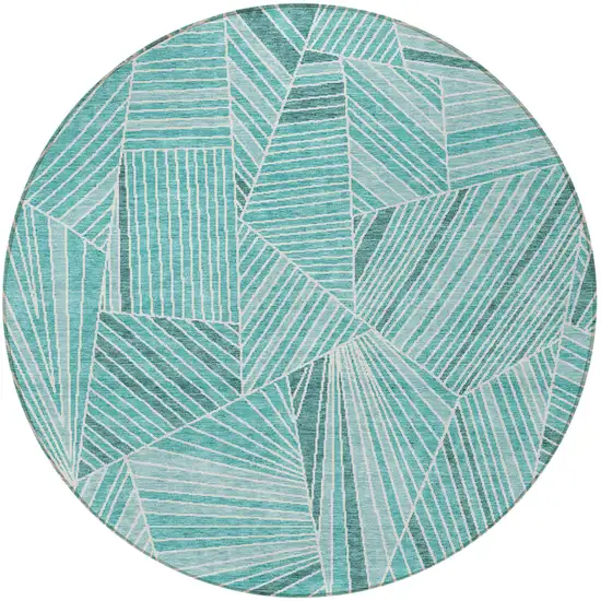 8' Teal Blue And Ivory Round Geometric Washable Indoor Outdoor Area Rug Photo 5