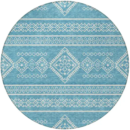 8' Teal Blue And Ivory Round Southwestern Washable Indoor Outdoor Area Rug Photo 6