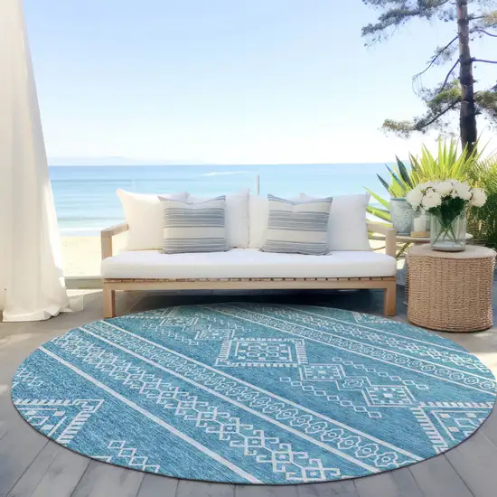 8' Teal Blue And Ivory Round Southwestern Washable Indoor Outdoor Area Rug Photo 7