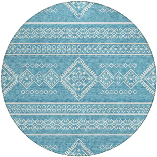 8' Teal Blue And Ivory Round Southwestern Washable Indoor Outdoor Area Rug Photo 2