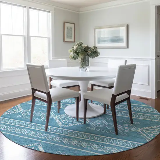 8' Teal Blue And Ivory Round Southwestern Washable Indoor Outdoor Area Rug Photo 8