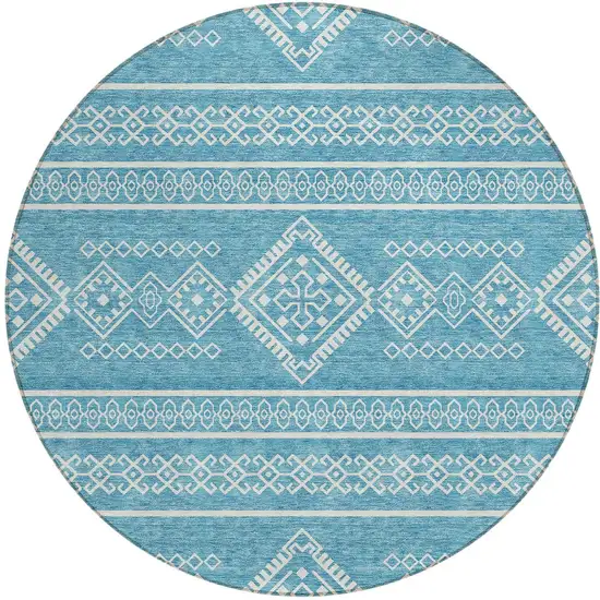 8' Teal Blue And Ivory Round Southwestern Washable Indoor Outdoor Area Rug Photo 5