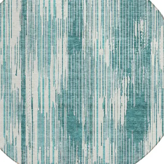 8' Teal Blue And Ivory Round Striped Washable Indoor Outdoor Area Rug Photo 4