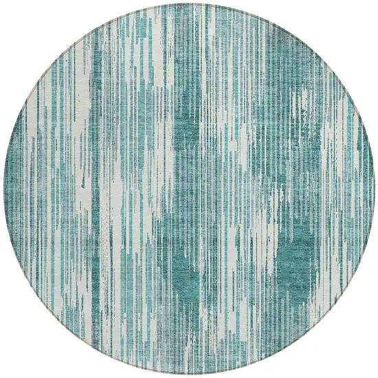 8' Teal Blue And Ivory Round Striped Washable Indoor Outdoor Area Rug Photo 5