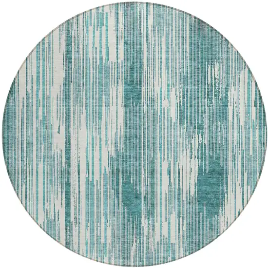 8' Teal Blue And Ivory Round Striped Washable Indoor Outdoor Area Rug Photo 2