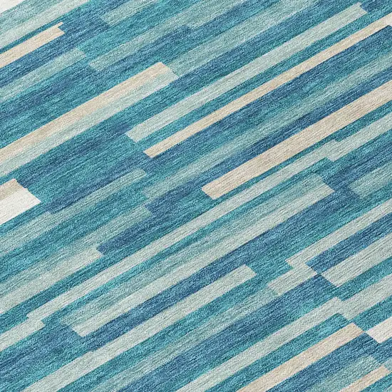 8' Teal Blue And Ivory Round Striped Washable Indoor Outdoor Area Rug Photo 8
