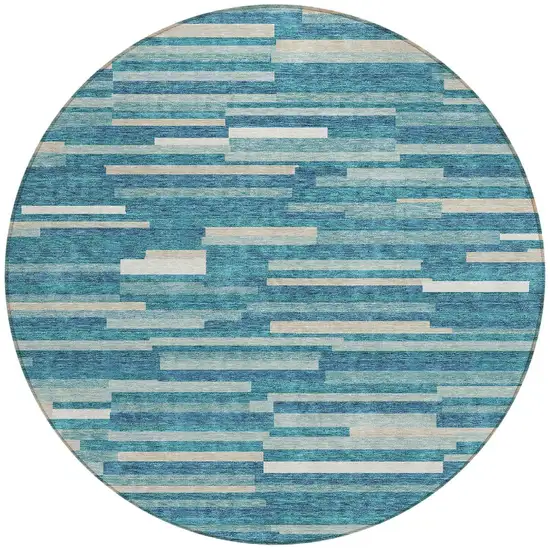 8' Teal Blue And Ivory Round Striped Washable Indoor Outdoor Area Rug Photo 5
