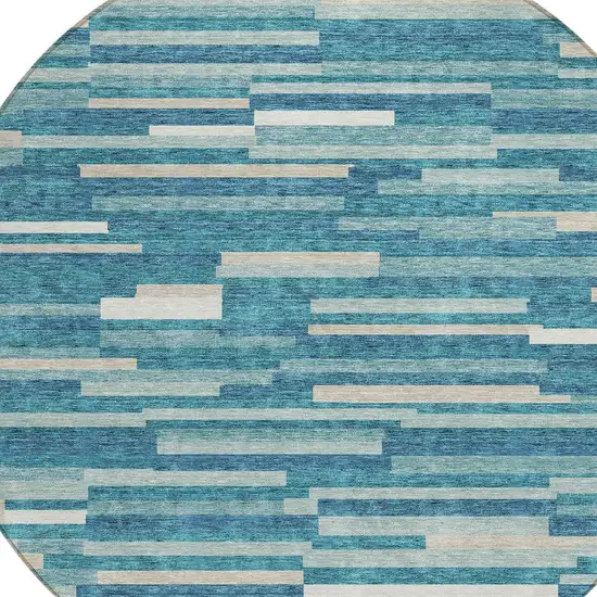 8' Teal Blue And Ivory Round Striped Washable Indoor Outdoor Area Rug Photo 4