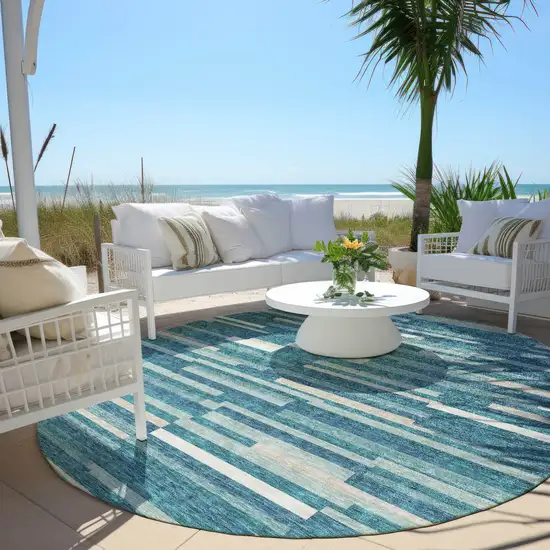 8' Teal Blue And Ivory Round Striped Washable Indoor Outdoor Area Rug Photo 6